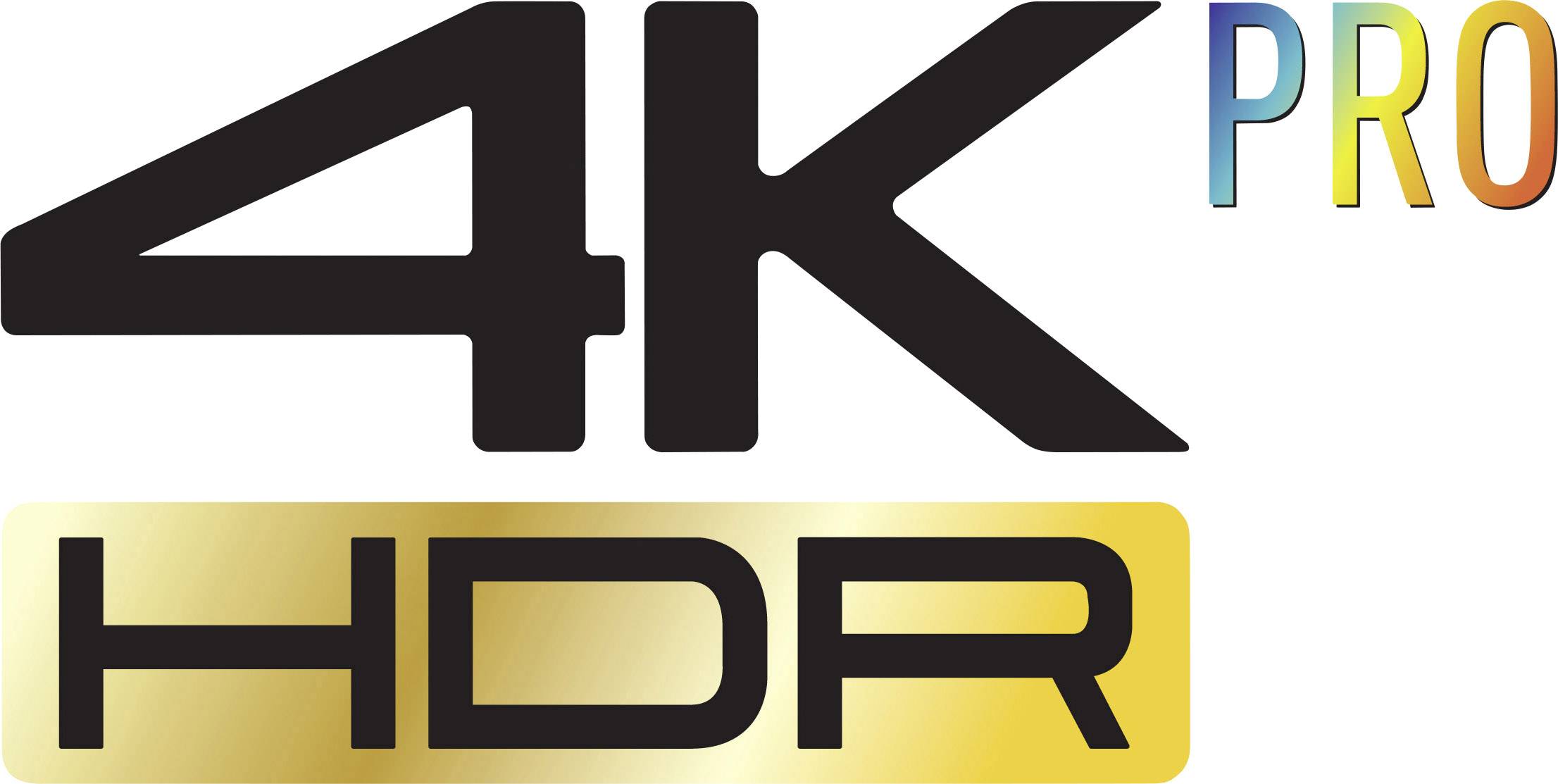 L'image présente le logo '4K HDR PRO' en texte noir et doré, indiquant une haute qualité d'image pour les appareils.