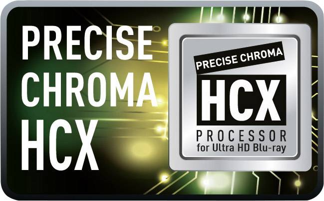 Label sur un processeur : « PROCESSEUR PRECISE CHROMA HCX pour Ultra HD Blu-ray » sur un fond technique lumineux.