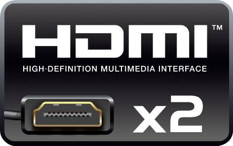 Logo 'HDMI Interface Multimédia Haute Définition' avec une image d'un connecteur de câble HDMI. Le texte 'x2' indique deux connexions.