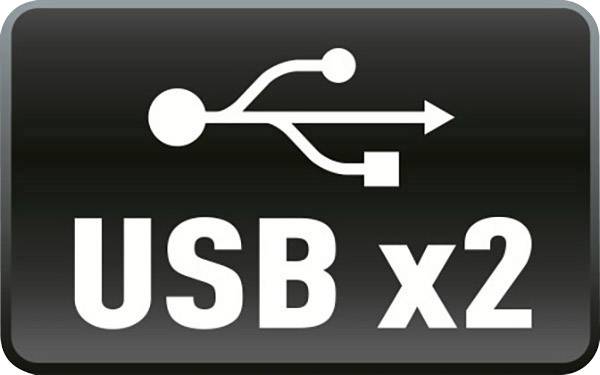 Symbole « USB x2 » sur fond noir indique deux ports USB.