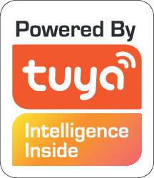 Logo « Powered by Tuya » sur fond noir ; indique le support de la technologie Tuya.