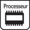 Symbole du 'Processeur' : Noir sur fond blanc, représentant un design stylisé de puce informatique.
