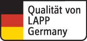 L'image montre le logo portant l'inscription 'Qualité de LAPP Germany' et comprend les couleurs du drapeau allemand.