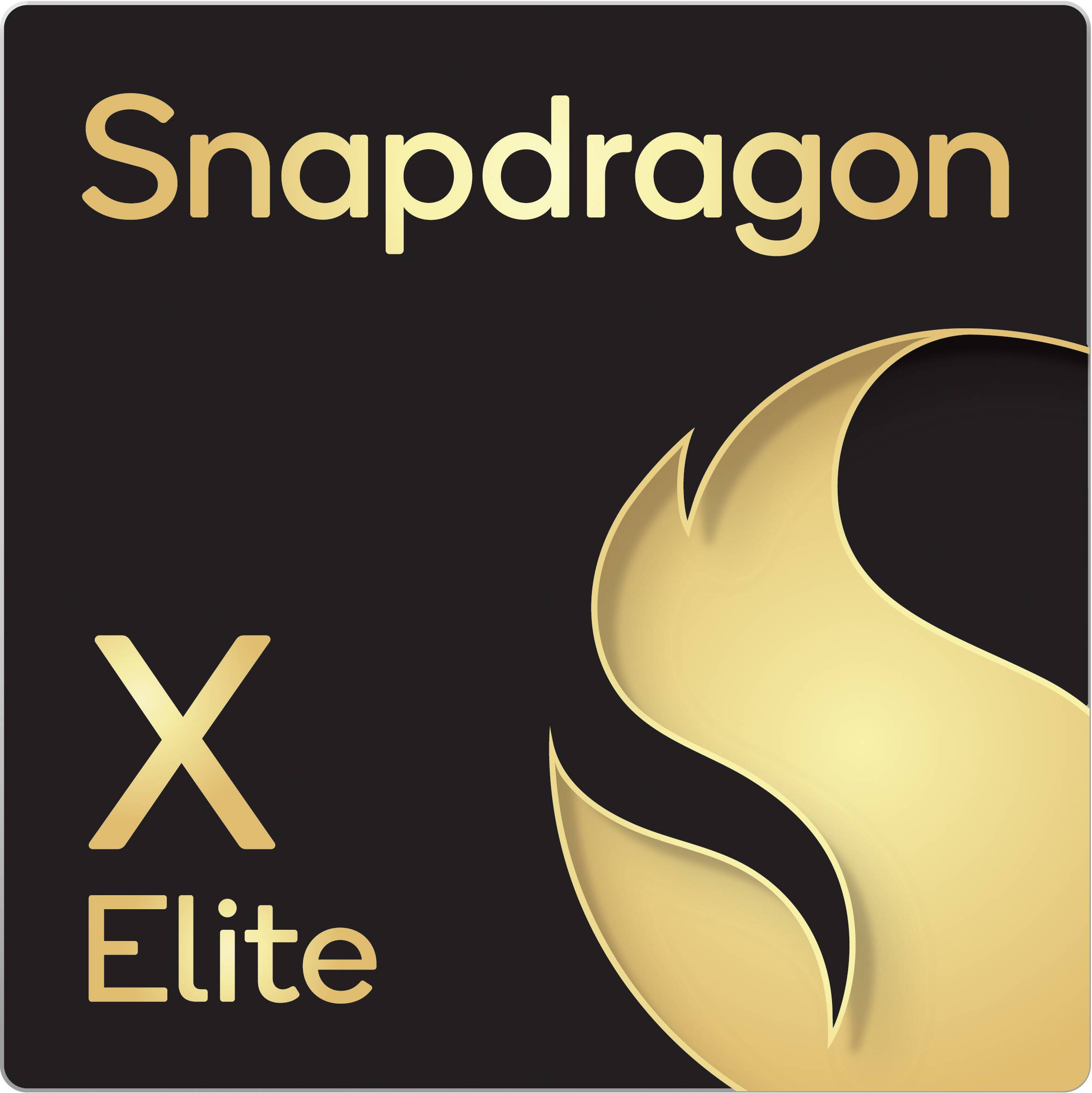 'Logo du Snapdragon X Elite avec un symbole de feu stylisé doré sur fond noir.'