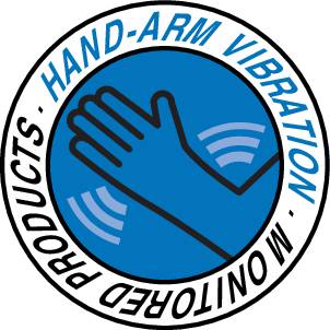 Logo avec une main bleue représentant des vibrations, entourée des mots 'PRODUITS DE SURVEILLANCE DES VIBRATIONS MAIN-BRAS'.
