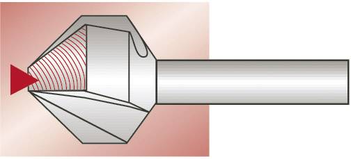 Fraise conique à tige cylindrique, coupe des chanfreins sur des surfaces métalliques. Le dessin montre l'angle de coupe et la disposition des arêtes.