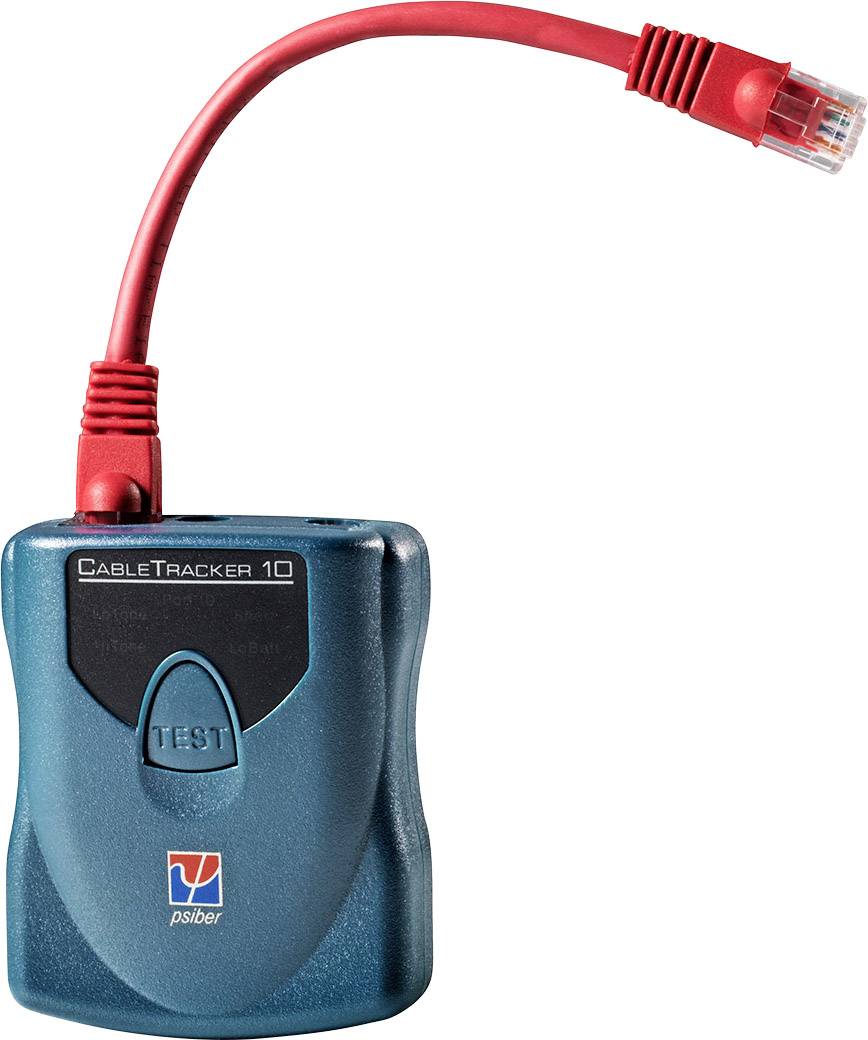 Plavi tester kabela, oznake 'CableTracker 10', ima priključen crveni kabel. Uređaj se koristi za testiranje kabelskih spojeva.