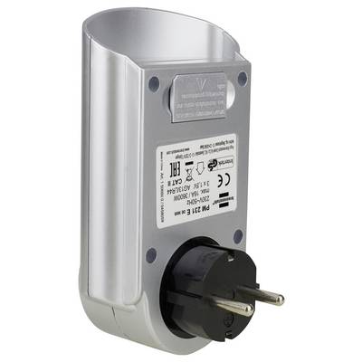 Srebrni električni adapter za utičnicu s europskom dvokontaktnom utičnicom i označenim utičnicama na prednjoj strani, prikazan na bijeloj pozadini.