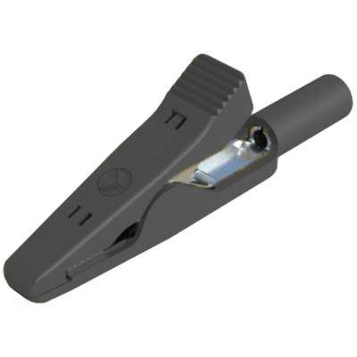Siva krokodil-stezaljka izrađena od metala i plastike, tipično korištena za električne spojeve.