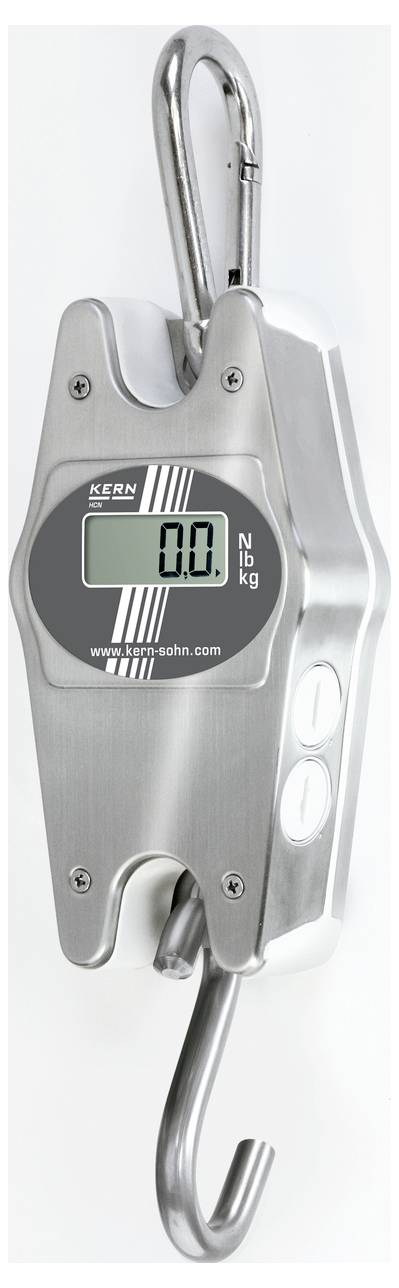 Digitalna viseća vaga od nehrđajućeg čelika s prikazom koji pokazuje 0 kg. Gornji i donji kuke su vidljivi.