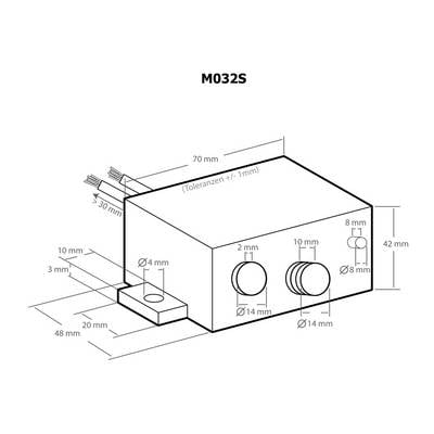 Tehnički nacrt pravokutnog uređaja (Model M032S) s dimenzijama, kabelima i detaljima priključaka, uključujući podatke o promjeru i duljini.