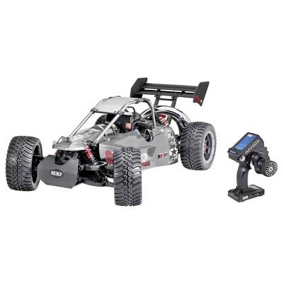 Daljinski upravljani off-road bagi automobil s velikim gumama i vidljivom zaštitnom konstrukcijom, uz njegov uređaj za upravljanje s digitalnim zaslonom.