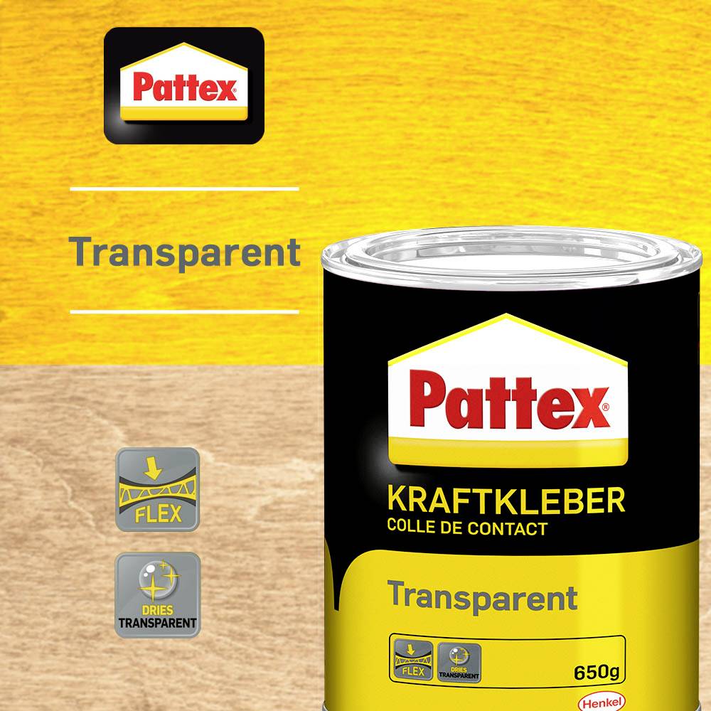 'Pattex Kraftkleber Transparent' doza na drvnoj površini, proizvod je fleksibilan i proziran. Pogodan za čvrste spojeve, 650g.