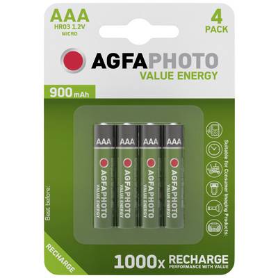 Četiri AAA baterije AGFAPHOTO-a u zelenoj ambalaži. Svaka baterija ima 900 mAh i može se puniti do 1000 puta.
