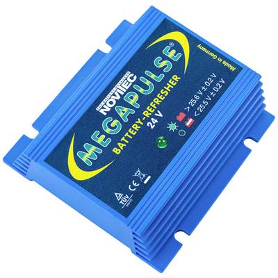 Plavi uređaj s natpisom 'Megapulse Battery Refresher 24V'. Prikazuje simbole napona i sigurnosne upozorenja.
