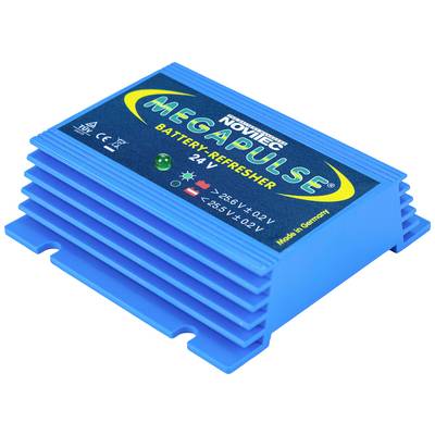 Plavi uređaj pod imenom 'Megapulse Battery-Refresher' tvrtke Novitec za 24V baterije. Ima LED indikatore za status baterije. Proizveden u Njemačkoj.