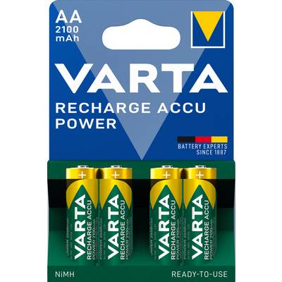 Četiri punjive VARTA AA baterije kapaciteta 2100 mAh, pakirane u blister ambalažu. Vidljiv logotip marke i oznake.