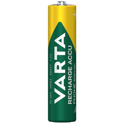 Zelena i žuta VARTA baterija s natpisom 'RECHARGE ACCU POWER 800mAh', pogodna za telefone.