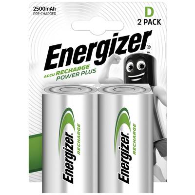 Dvije punjive D baterije marke Energizer 'Recharge Power Plus' u pakiranju s Energizerovim maskotom u pozadini.