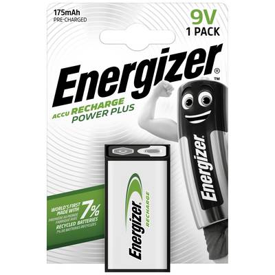 Paket devetnaestovoltne Energizer baterije. Označeno natpisom "Energizer ReCharge Power Plus". Sadrži 7% recikliranih baterija. Unaprijed napunjeno.