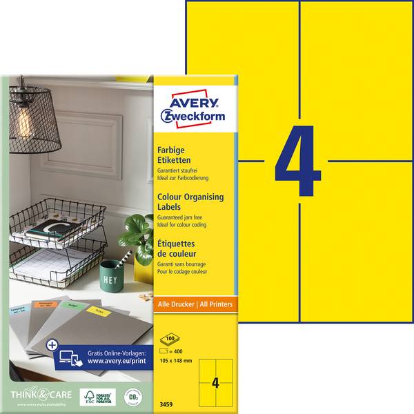 Avery-Zweckform 3459 univerzalne naljepnice 105 x 480 mm papir žuta 400 St. trajno prianjanje  tintni pisač, laserski pisač, laserski pisač u boji, mašina za kopiranje, kopirni uređaj u boji