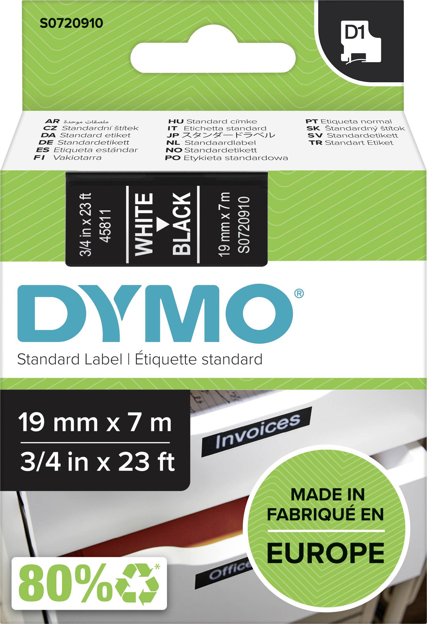 DYMO etikete s tekstom: 'Standardna etiketa', veličina 19 mm x 7 m, 80% reciklabilno, izrađeno u Europi.
