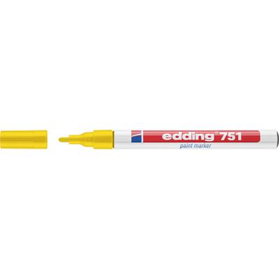 Žuti Edding 751 marker za slikanje s uklonjenom kapom, prikazuje vrh markera i crveno-bijelu etiketu.