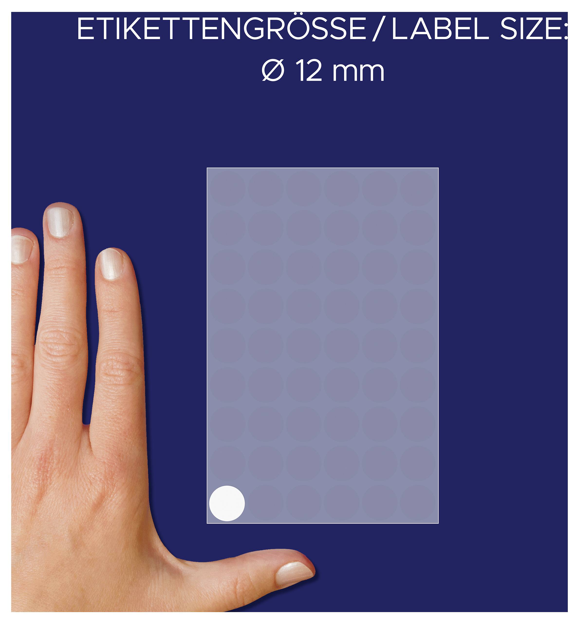 Primjer veličine etikete: pravokutna etiketa s Ø 12 mm, prikazana pored ruke za ilustraciju veličine.