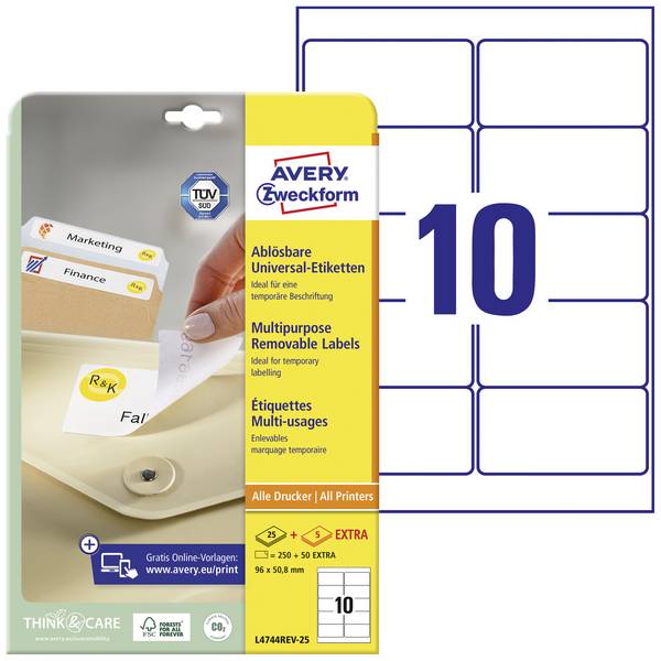 Avery-Zweckform L4744REV-25 univerzalne naljepnice 96 x 50.8 mm papir bijela 300 St. ponovno ljepljenje tintni pisač, laserski pisač, laserski pisač u boji, mašina za kopiranje, kopirni uređaj u boji, rukopis