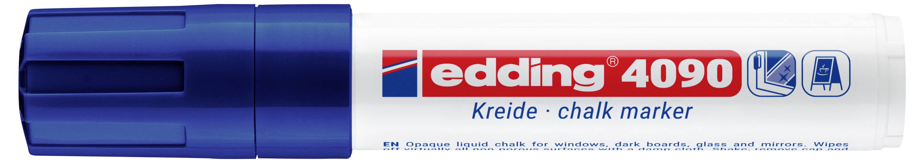 Edding 4090 Kreide kaljasta markera sa plavom kapom, bijelim barela i crvenom naljepnicom sa logotipom.