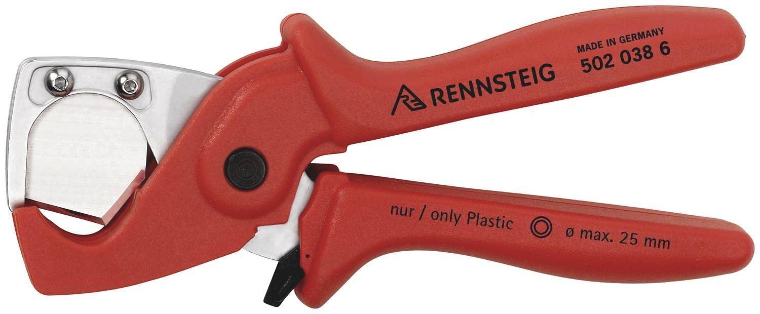 Crvene plastične škare s natpisom 'RENNSTEIG', pogodne za plastiku promjera do maksimalno 25 mm, izrađene u Njemačkoj.