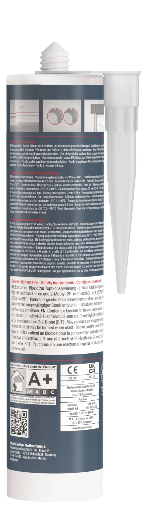 Tuba adhezivnog brtvenog sredstva s kapom mlaznice, prikazana sprijeda i označena s informacijama o proizvodu i uputama za sigurnost.