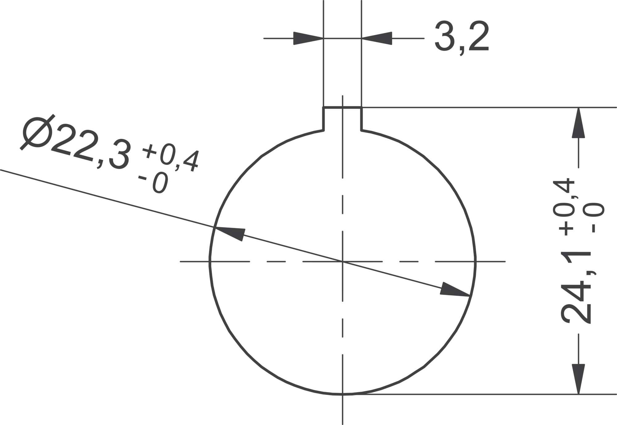 Tehnički nacrt: Kružni simbol promjera 22,3 mm (+0,4/-0) i visine 24,1 mm (+0,4/-0). Razmak gore 3,2 mm.