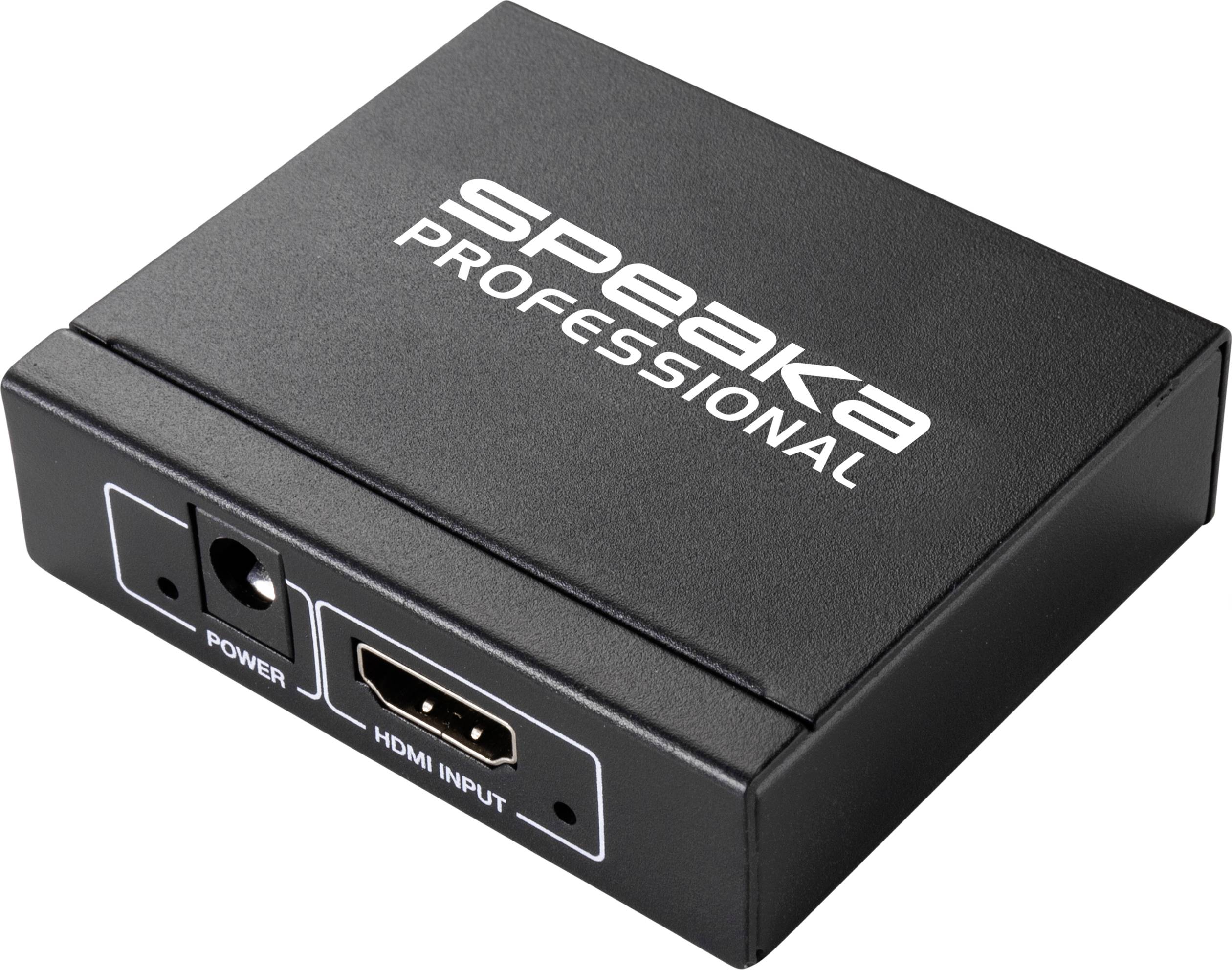 Speaka Professional HDMI-konverter s priključcima za napajanje i HDMI ulaz, pogodan za audiovizualne primjene.