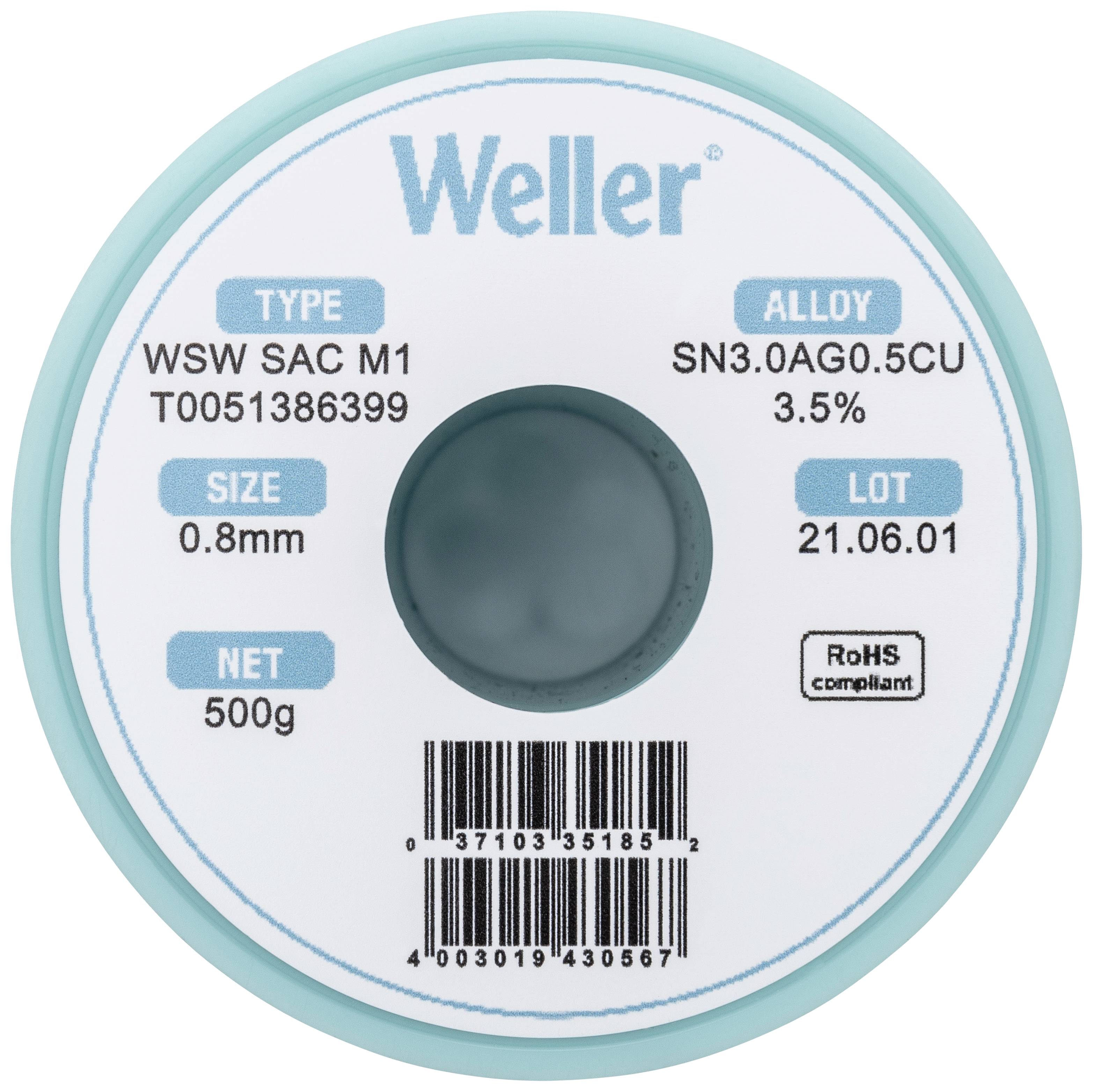 Žica za lemljenje Weller, tip WSW SAC M1, legura SN3.0AG0.5CU, promjera 0,8 mm, neto težina 500g, sukladna RoHS standardu.