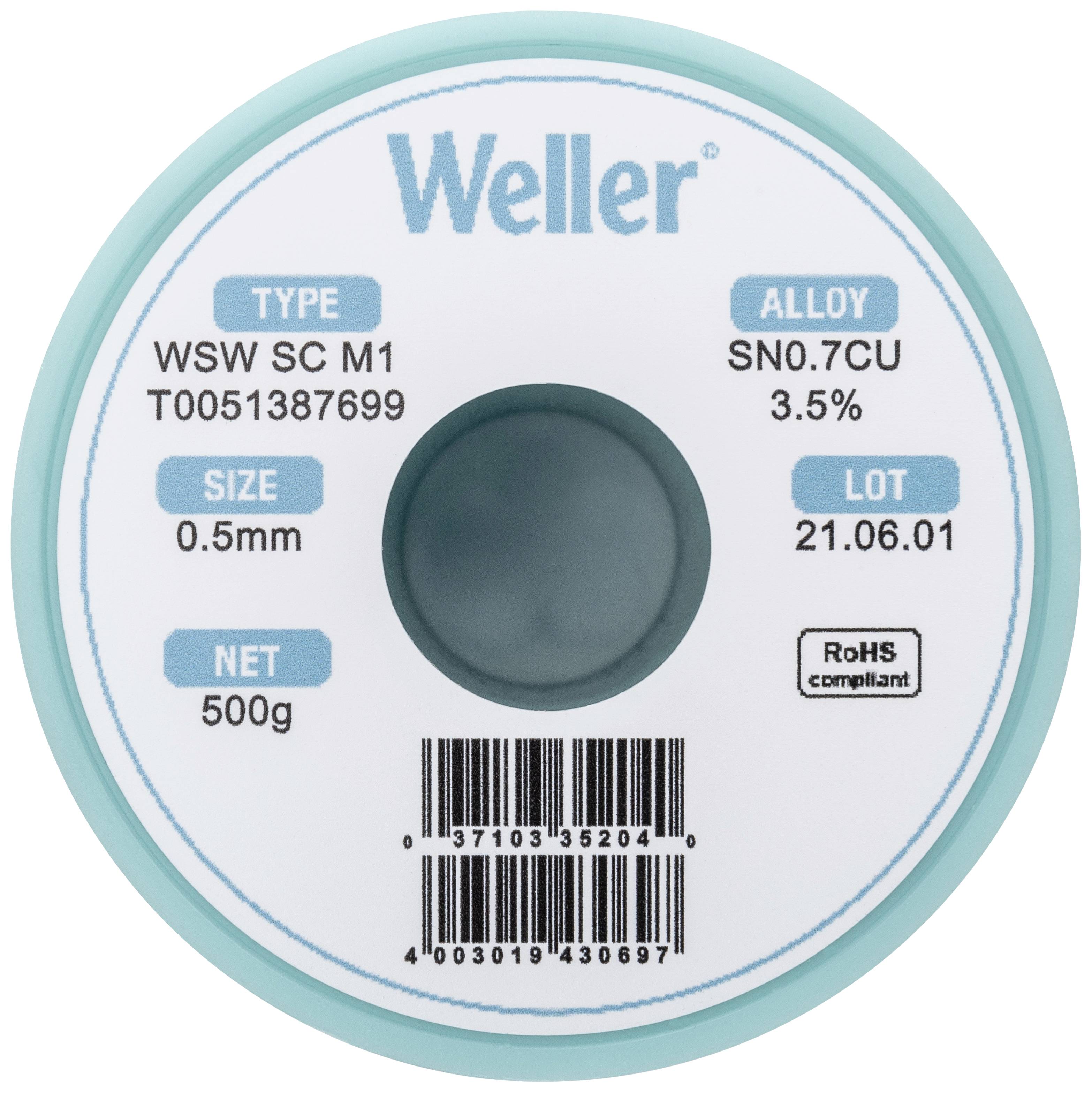 Žica za lemljenje s natpisom: 'Weller', tip 'WSW SC M1', legura 'SN0.7CU 3.5%', veličina '0.5mm', težina '500g', broj serije '21.06.01'.