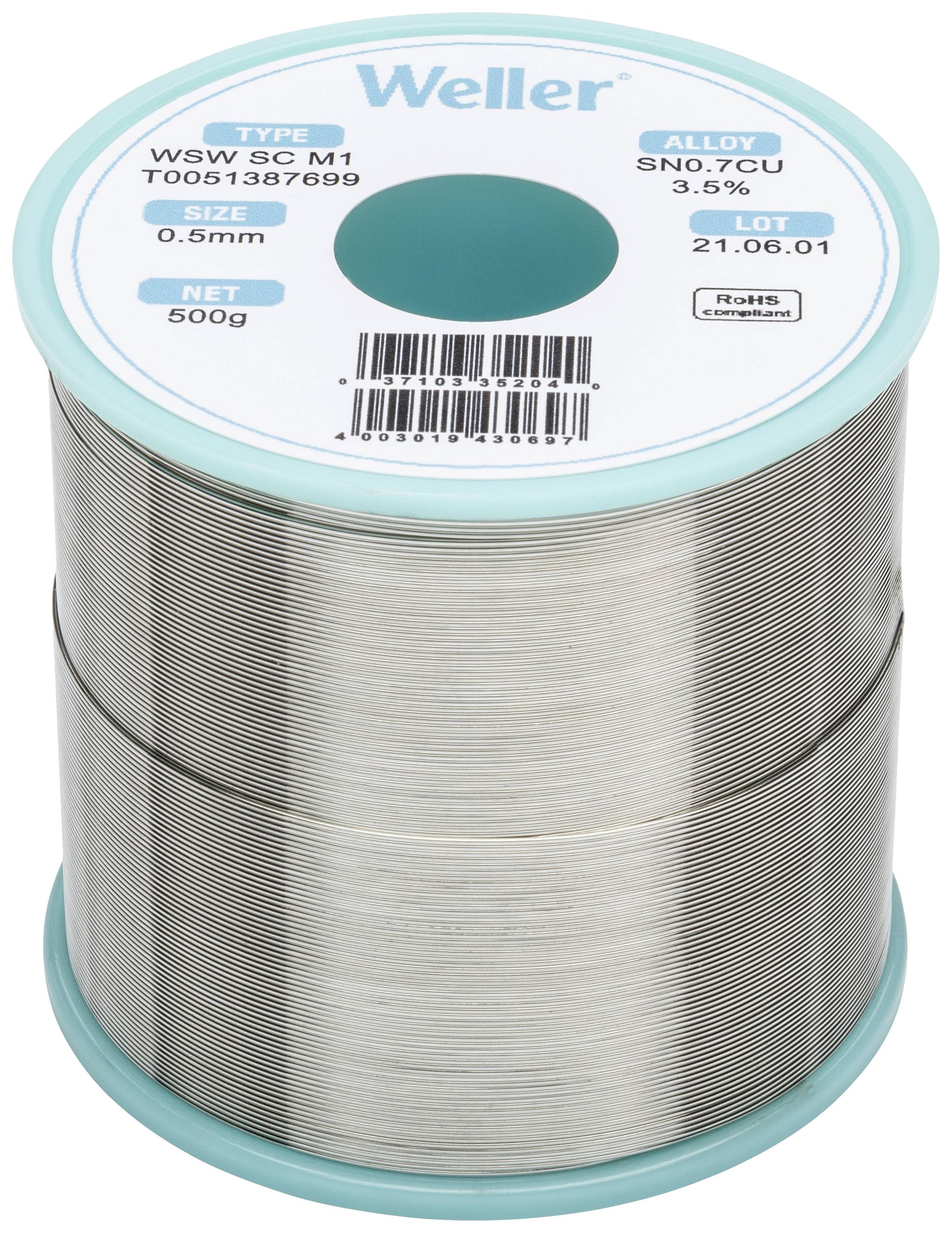'Žica za lemljenje marke Weller, tip WSW SC M1, promjer 0,5 mm, masa 500 g, legura SN0.7CU, serija 21.06.01.'