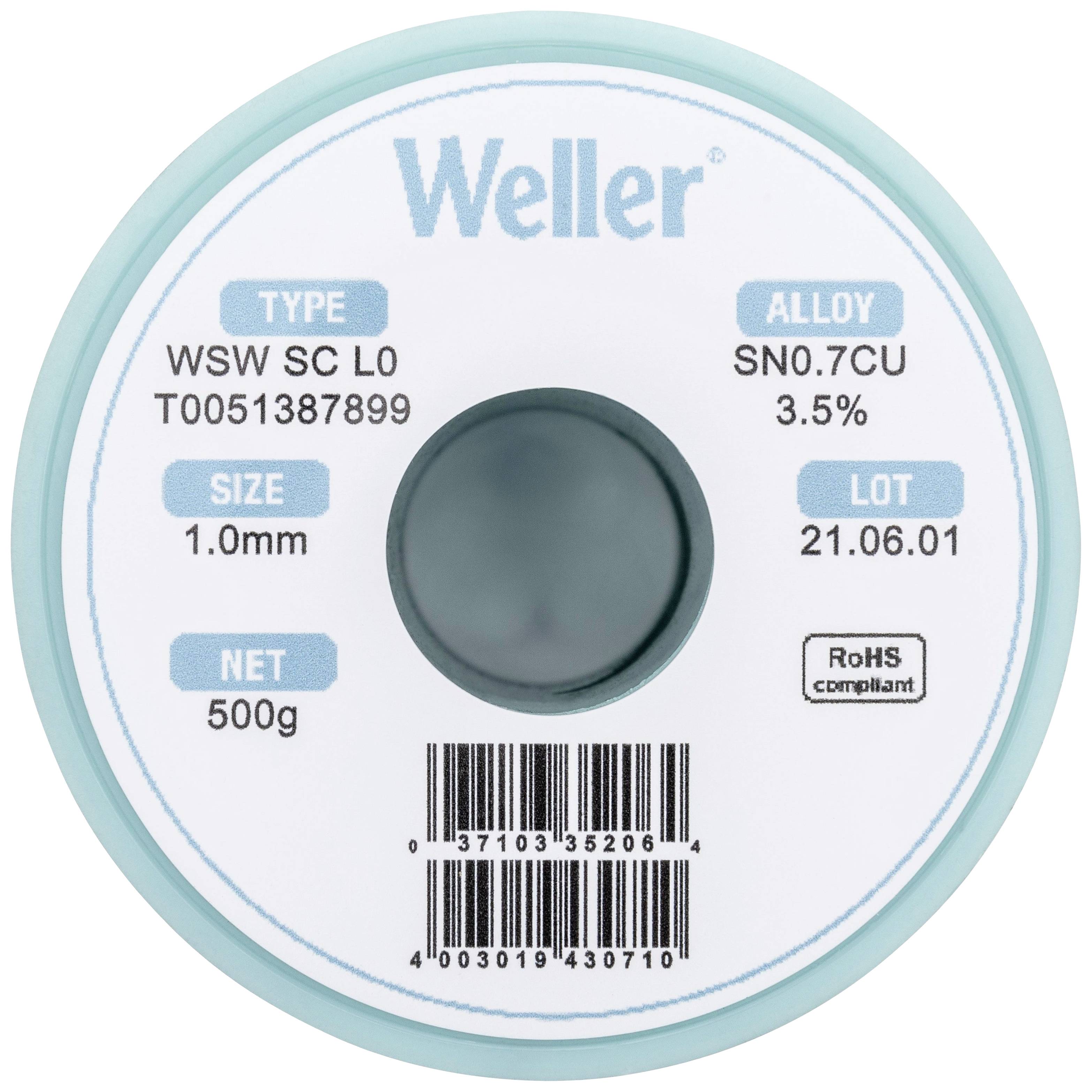 Žica za lemljenje marke Weller, tip WSW SC L0. Legura: SN0.7CU 3.5%, veličina: 1,0 mm, masa: 500 g, lot: 21.06.01, sukladan RoHS standardu.