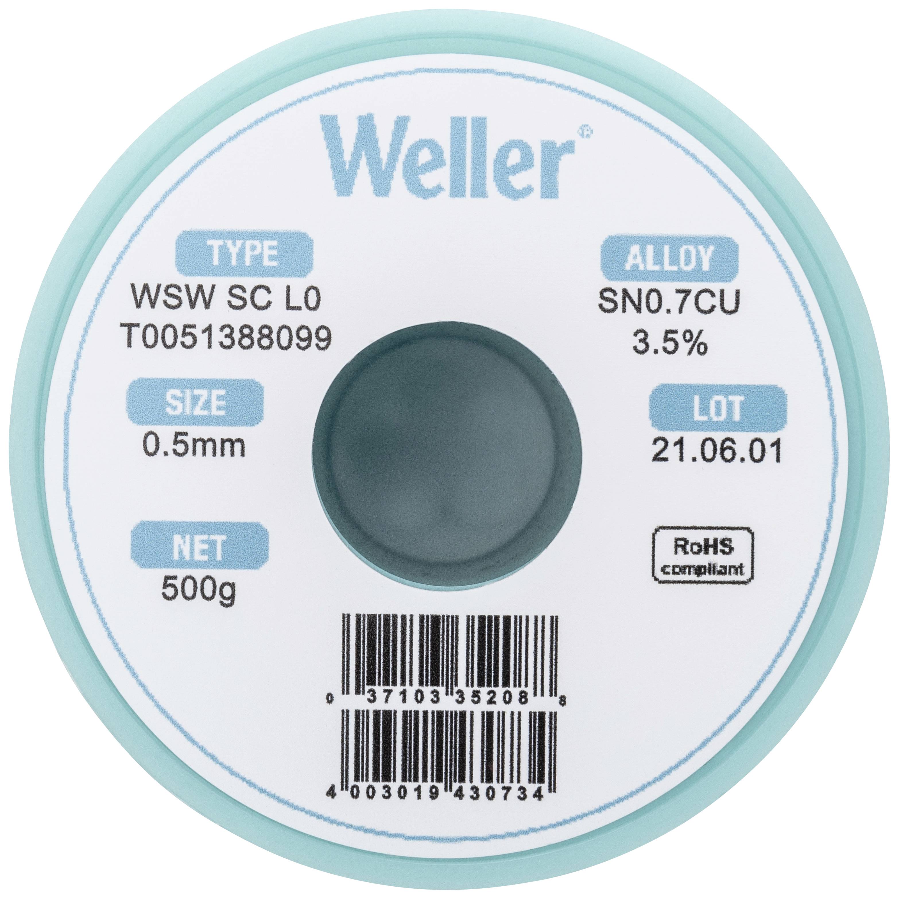 Lemilica za žicu s natpisom 'Weller' i specifikacijama proizvoda: Tip WSW SC L0, veličina 0,5 mm, masa 500g, legura SN0.7CU 3,5%, serijski broj 21.06.01.