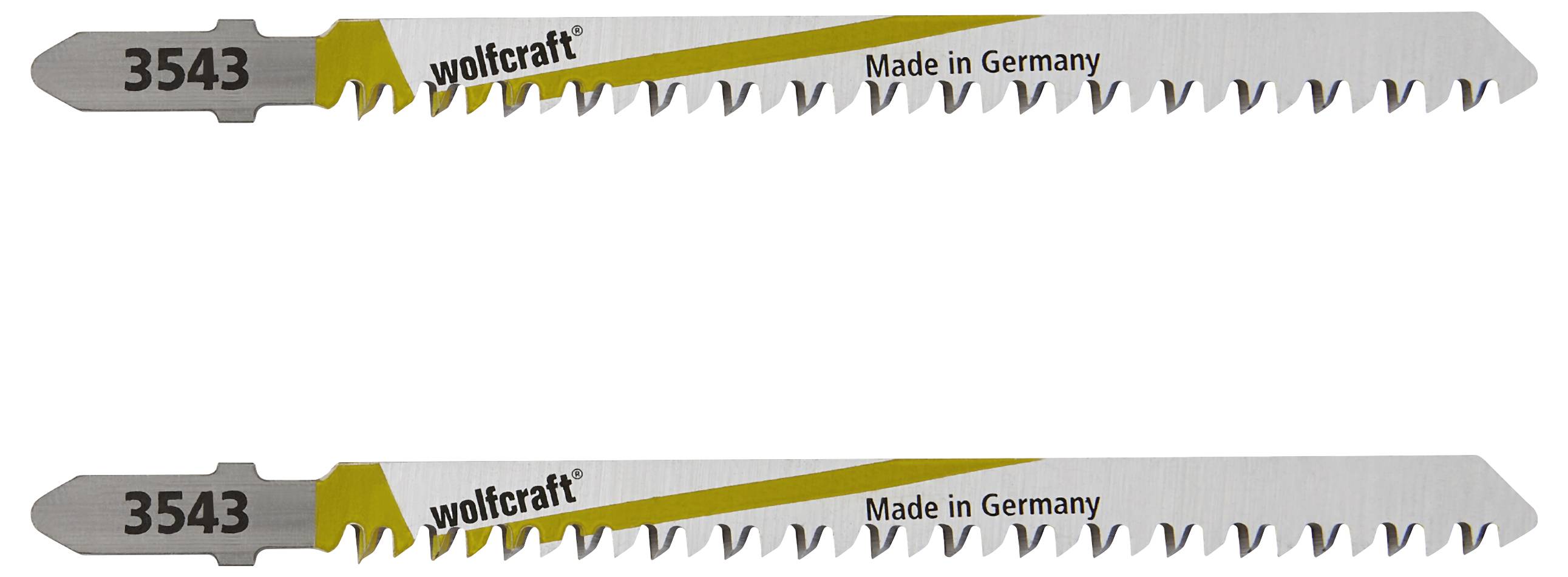 Dva lista ubodne pile marke 'wolfcraft', model '3543', s natpisom 'Made in Germany', srebrne boje sa žutim akcentima.
