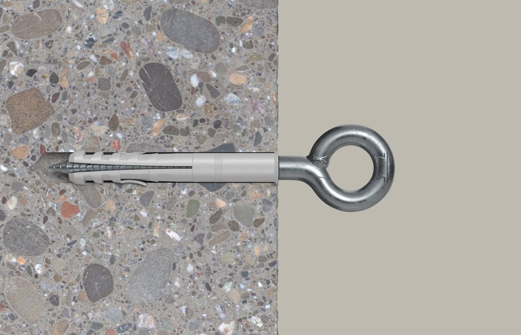 Ekspanzivna tipla ugrađena u betonski zid, s metalnim uškom vijka koji strši vodoravno iz površine.