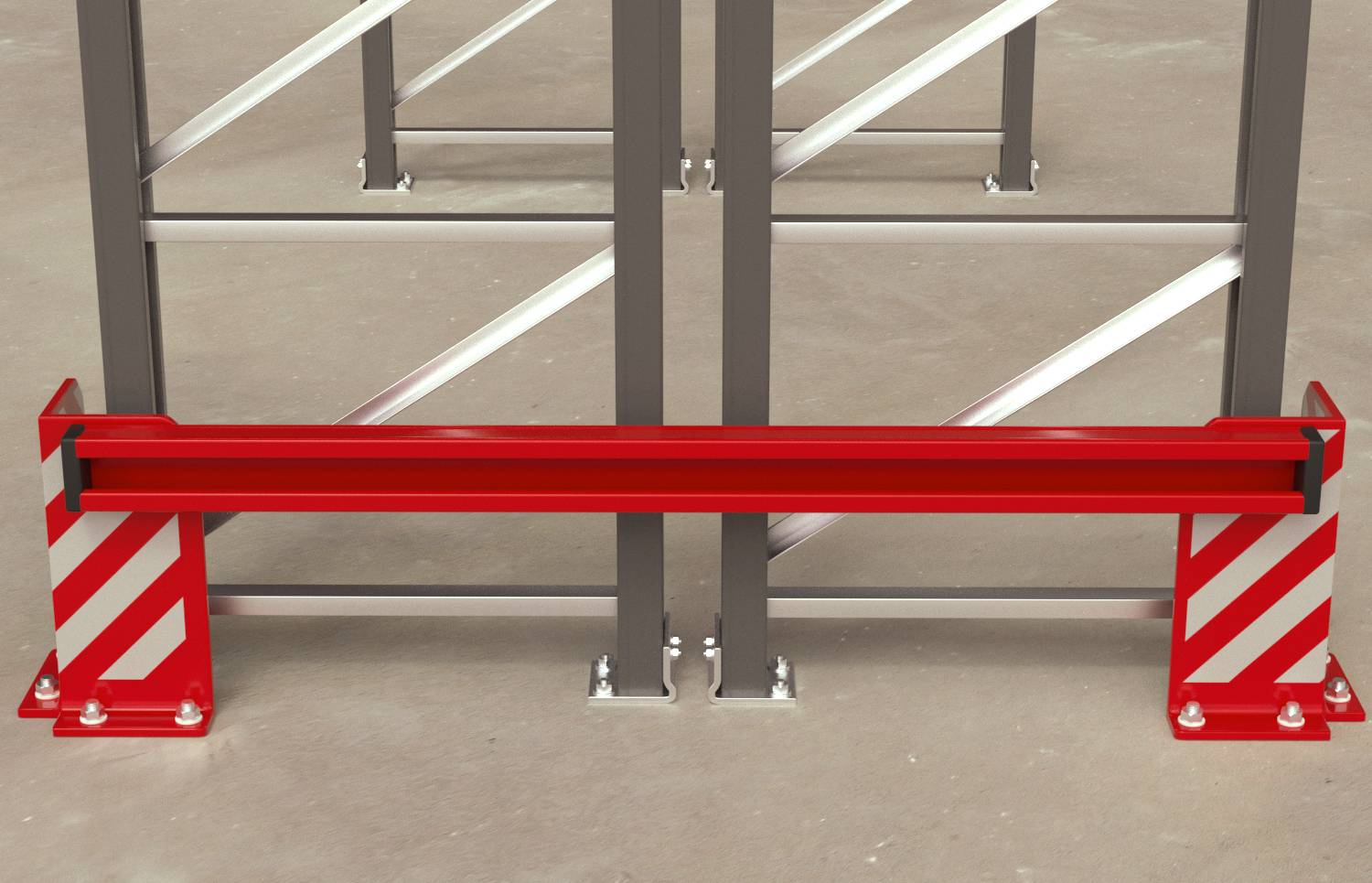 Crveno-bijela prugasta sigurnosna barijera koja blokira podnožje sive metalne konstrukcije na betonskom podu.