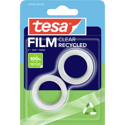 'Paket Tesa Film Clear Recycled trake, 2 role, 10m x 19mm. Izrađeno sa 100% recikliranim dijelovima. Zelena ambalaža sa simbolom recikliranja.'
