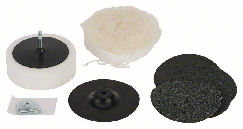 Set za poliranje koji se sastoji od polirane ploče, vunene podloge, brusnih diskova i materijala za učvršćivanje, pogodan za brušenje i poliranje.