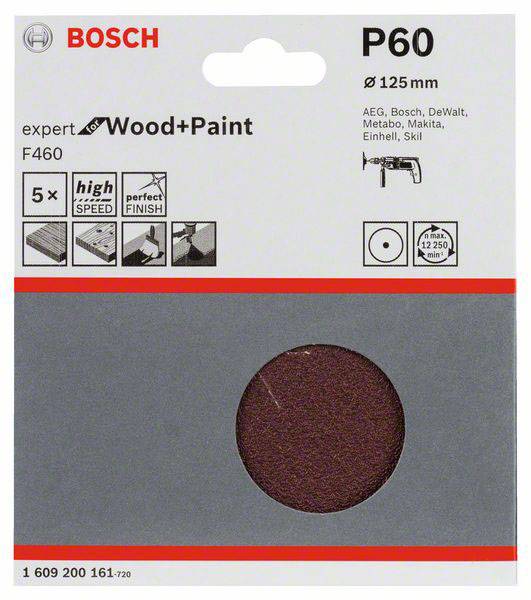 Brusna ploča Bosch P60, pogodna za drvo i boju, promjera 125 mm, kompatibilna s različitim markama alata.