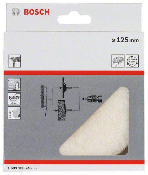 Ambalaža za BOSCH polirni sunđer, promjera 125 mm, s prikazom primjene i tehničkim specifikacijama.