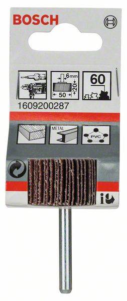 Pakiranje Bosch-ovog brúsnog nastavka. Pogodan za metal i PVC. Promjer: 6 mm, Zrnatost: 60, Broj artikla: 1609200287.