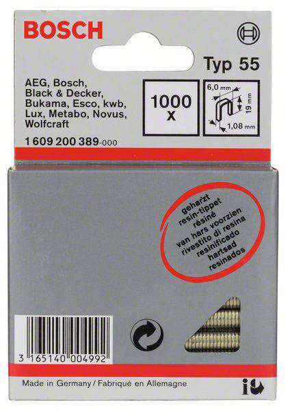 Niet met smalle rug type 55, geharst, 6 x 1,08 x 19 mm, verpakking van 1000 stuks 1000 stuk(s) Bosch Accessories 1609200389 Afm. (l x b) 19 mm x 6 mm