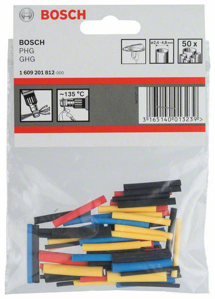 Paket Bosch termo-skupljajućih crijeva u različitim bojama, prikladnih za temperature do 135°C, s 50 komada po pakiranju.