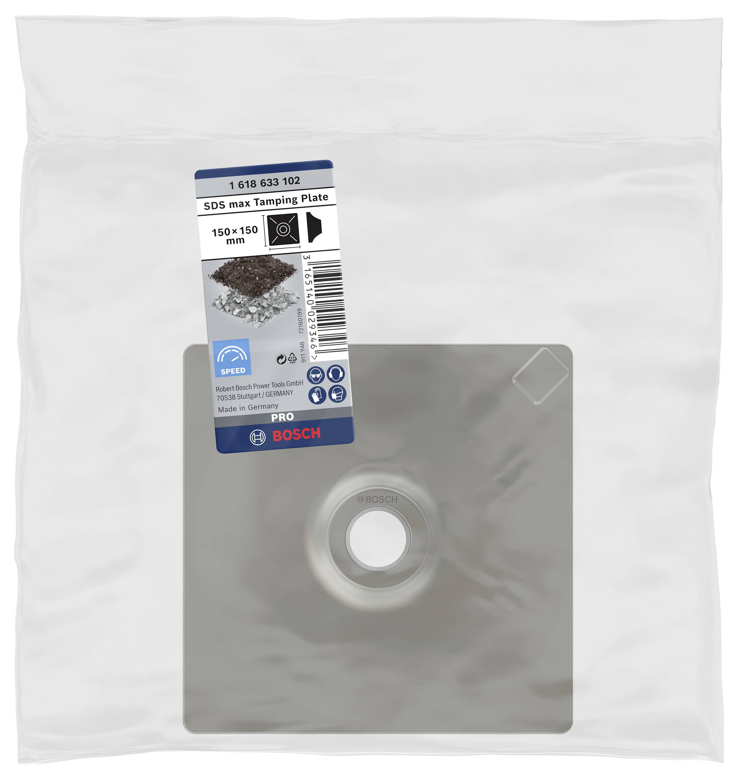 Kvadratna vibracijska ploča tvrtke Bosch u prozirnoj ambalaži. Etiketa prikazuje specifikacije: 'SDS max Tamping Plate, 150 x 150 mm'.